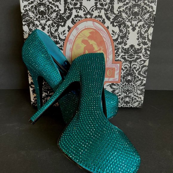 Bordello Teeze Rhinestone Platforms Turquoise Size 8 - Picture 2 of 13